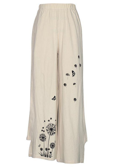 Handmade Green Bird Dandelion Wide Leg Pants Summer Cotton Linen