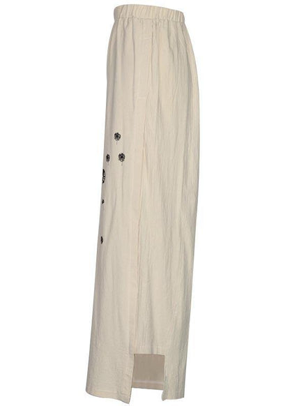 Handmade Green Bird Dandelion Wide Leg Pants Summer Cotton Linen