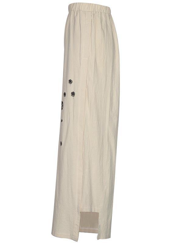 Handmade White Flowers Dandelion Wide Leg Pants Summer Cotton Linen