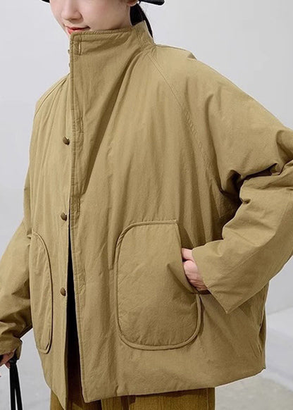 Handmade Khaki Stand Collar Pockets Fine Cotton Filled Parka Winter