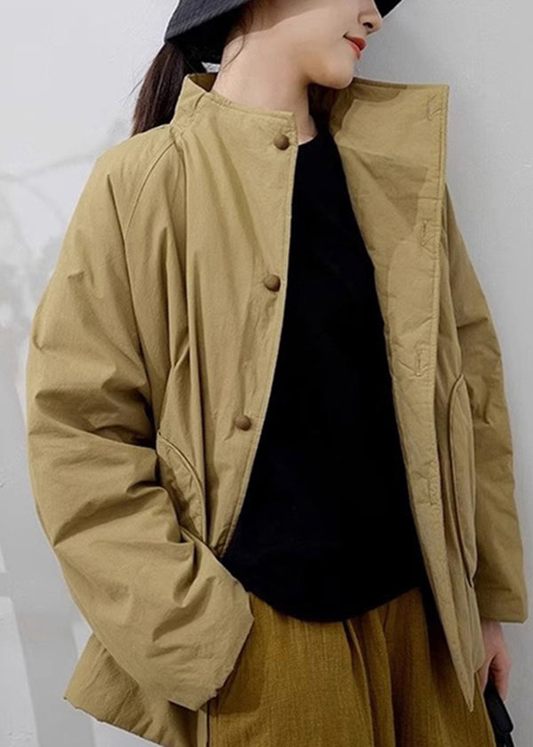 Handmade Khaki Stand Collar Pockets Fine Cotton Filled Parka Winter