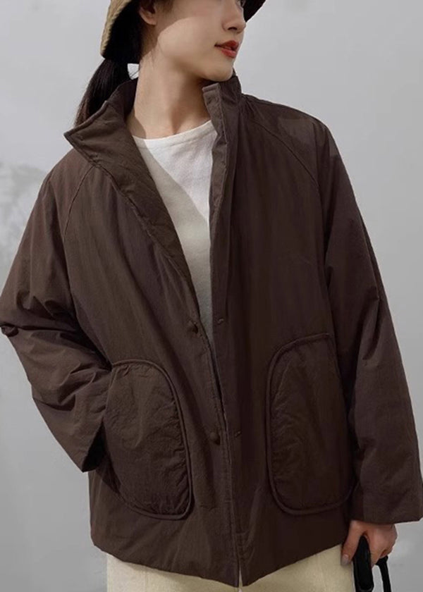 Handmade Khaki Stand Collar Pockets Fine Cotton Filled Parka Winter