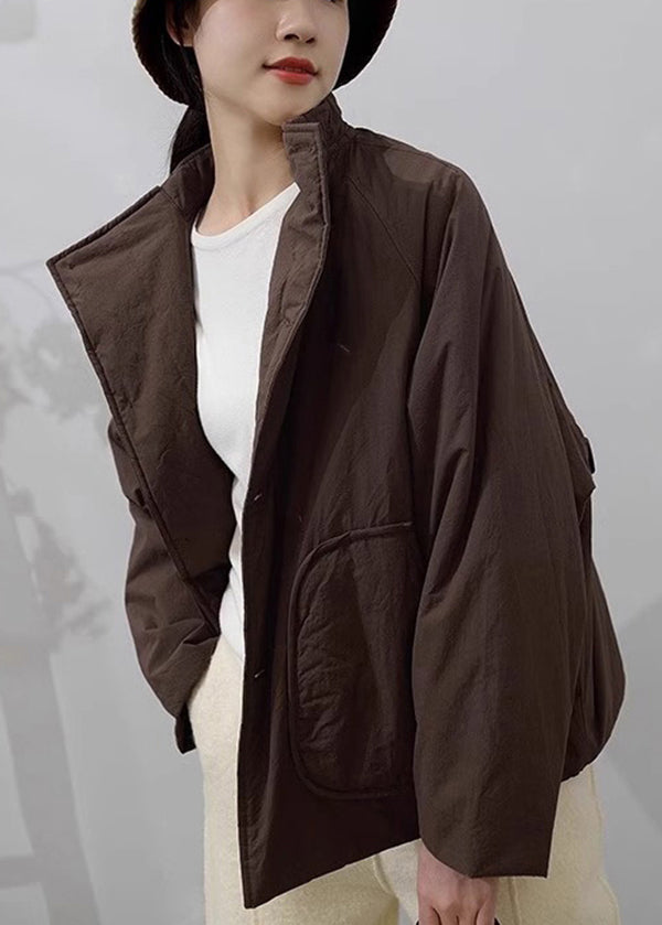 Handmade Khaki Stand Collar Pockets Fine Cotton Filled Parka Winter