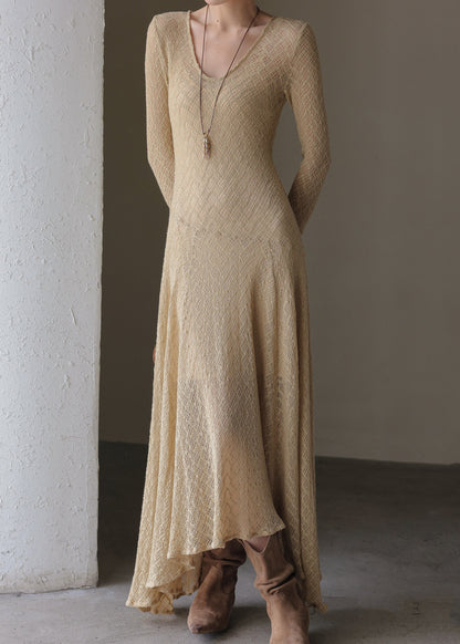 Handmade Khaki U Neck Maxi Dress Spring