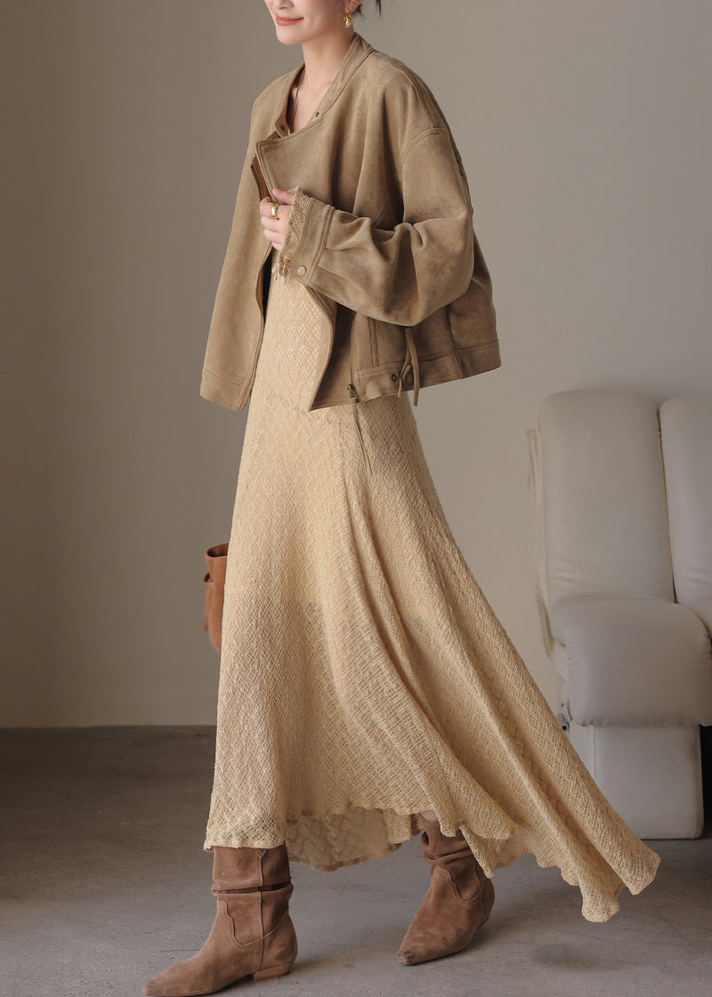 Handmade Khaki U Neck Maxi Dress Spring