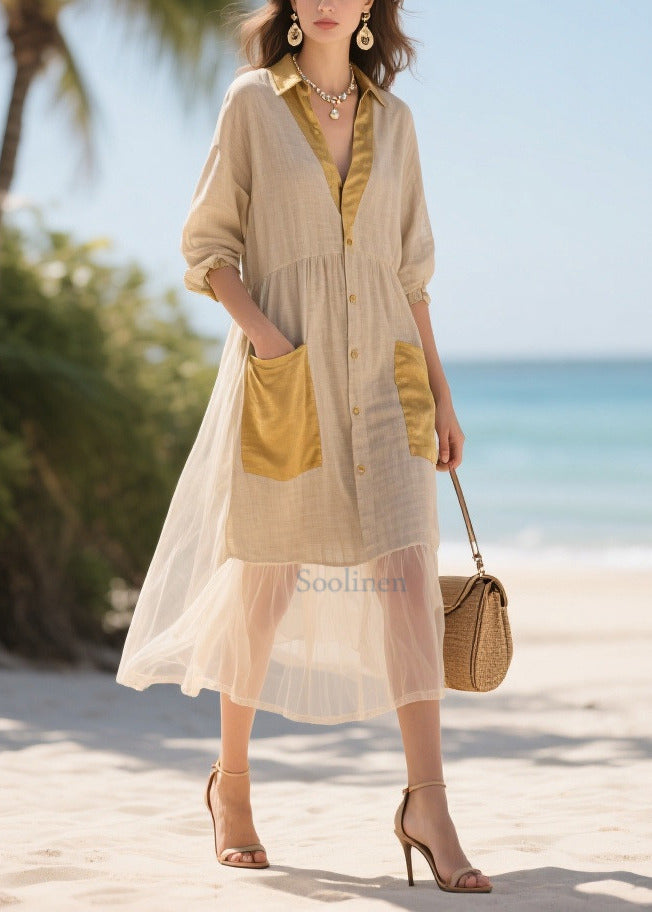 Handmade Khaki V Neck Patchwork Tulle Long Dress Summer