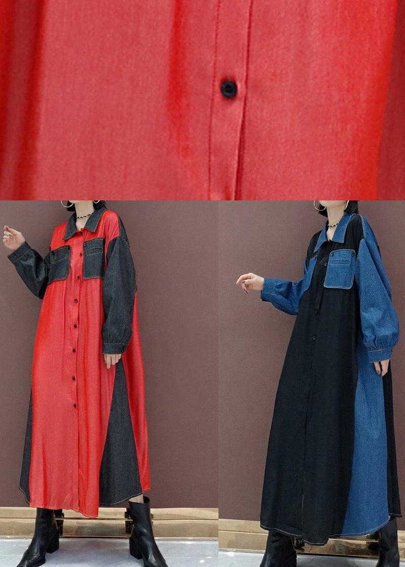 Handmade Lapel Patchwork Spring Long Dress Photography Red Kaftan Dress