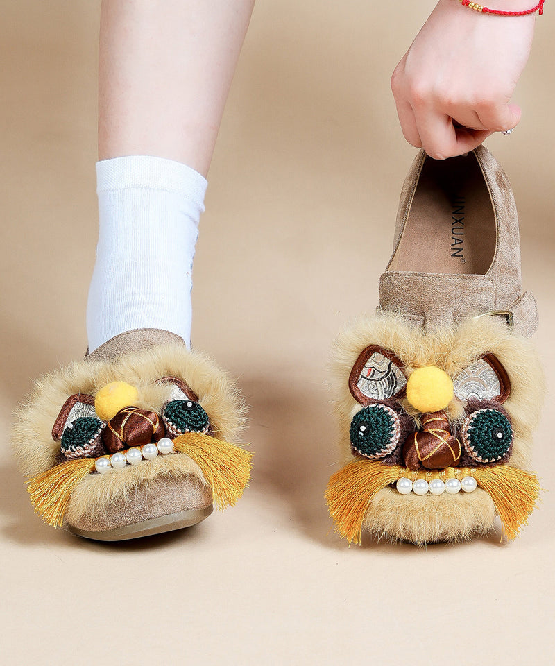 Handmade Light Brown Flat Shoes Suede Embroidered