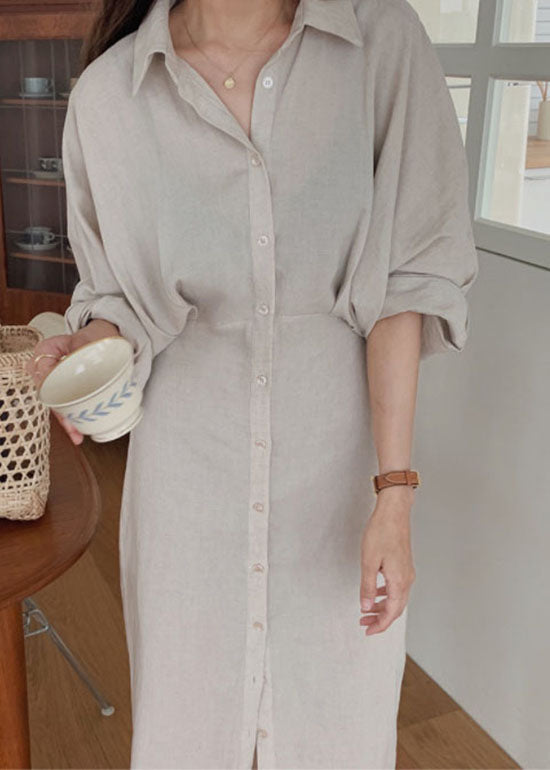 Handmade Light Chocolate Bat Wing Sleeve Patchwork Cotton Shirt Dress Long Sleeve