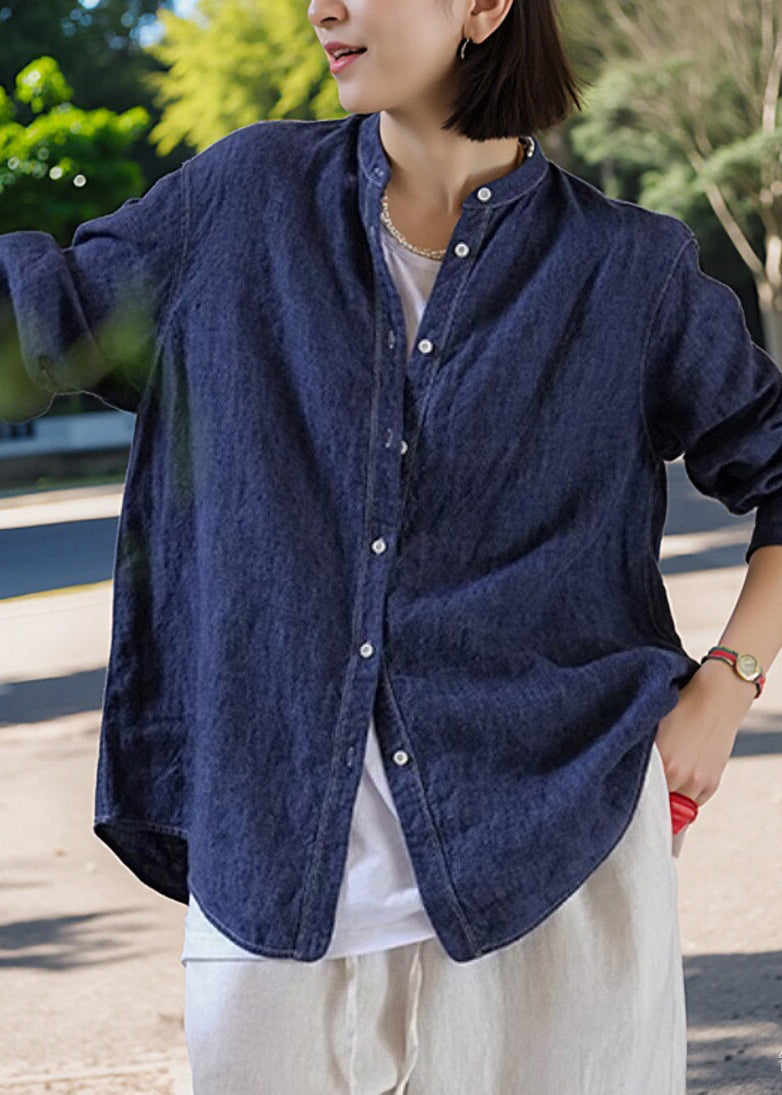 Handmade Navy O-neck Patchwork Button Coats Spring