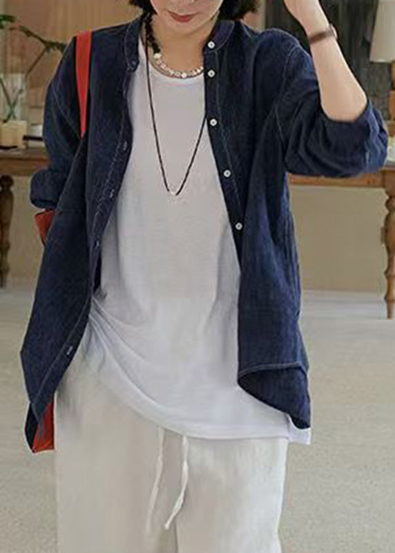 Handmade Navy O-neck Patchwork Button Coats Spring