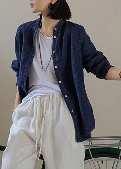 Handmade Navy O-neck Patchwork Button Coats Spring