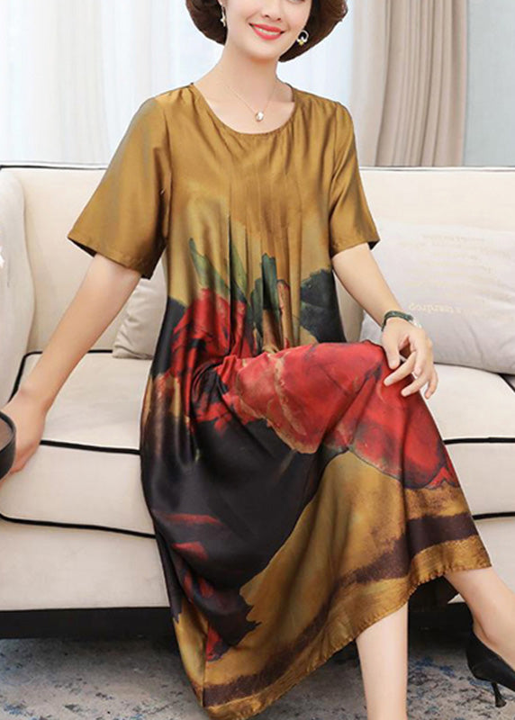 Handmade Navy O-neck Print Silk Long Dress Summer