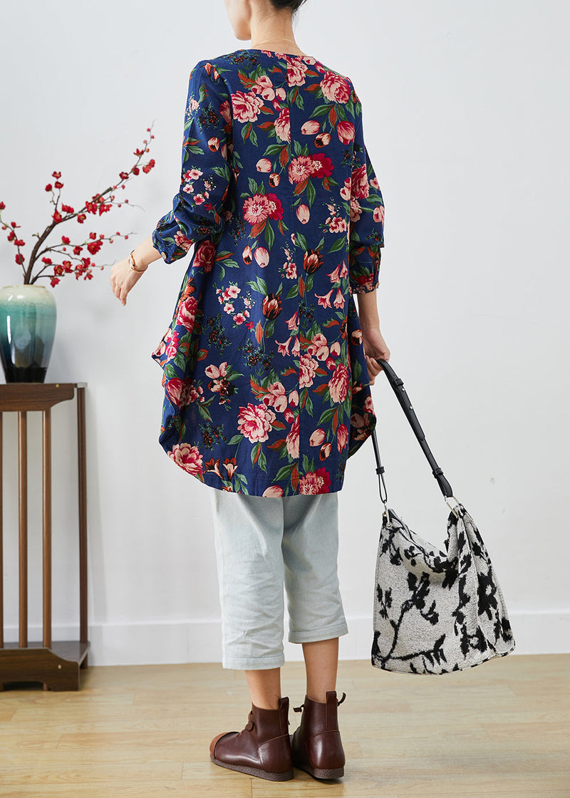 Handmade Navy V Neck Print Linen a Line Dresses Fall