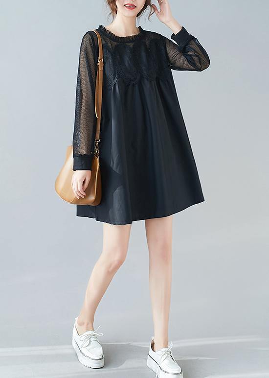 Handmade O Neck Patchwork Lace Dresses Shape Black Dresses