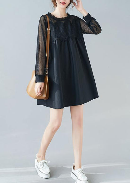 Handmade O Neck Patchwork Lace Dresses Shape Black Dresses
