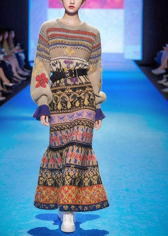 Handmade O-neck Print Cotton Knit Long a Line Sweater Dress Long Sleeve
