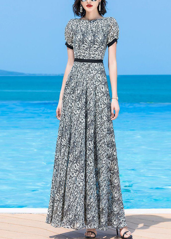 Handmade O-neck Print Elastic Waist Chiffon Long Beach Dress Short Sleeve