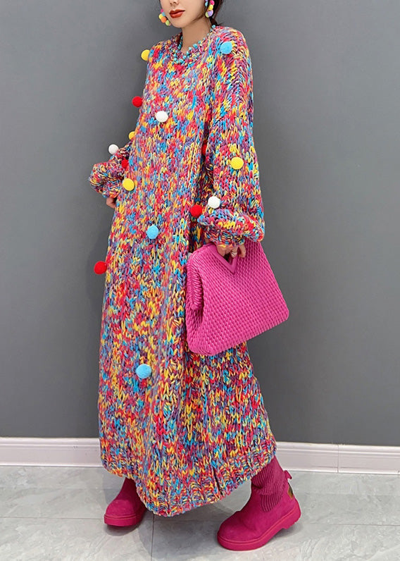 Handmade O-neck Print Fuzzy Ball Decorated Knit Long Sweaters Dresses Winter
