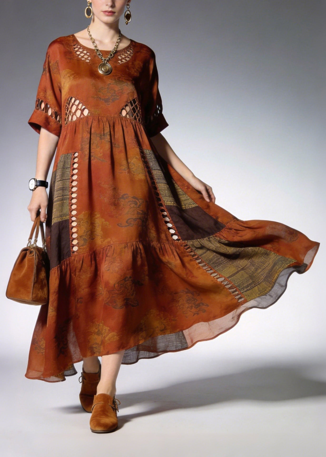 Handmade O Neck Print Patchwork Cotton Dresses Summer