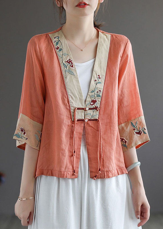 Handmade Colorful Stripes Deep V Neck Patchwork Cotton Linen Shirt Bracelet Sleeve