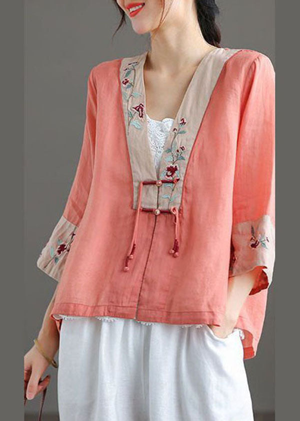 Handmade Colorful Stripes Deep V Neck Patchwork Cotton Linen Shirt Bracelet Sleeve
