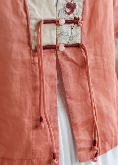 Handmade Colorful Stripes Deep V Neck Patchwork Cotton Linen Shirt Bracelet Sleeve