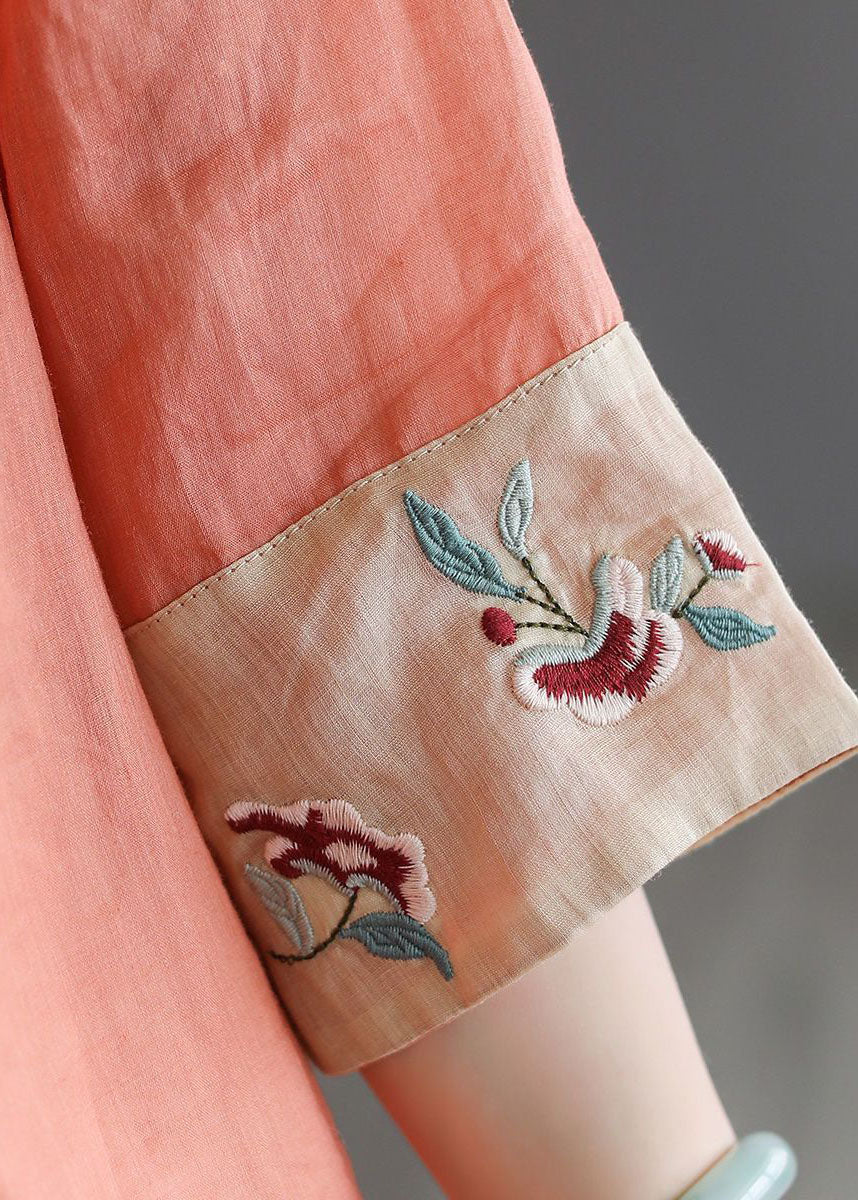 Handmade Purple Flowers Deep V Neck Patchwork Cotton Linen Shirt Bracelet Sleeve
