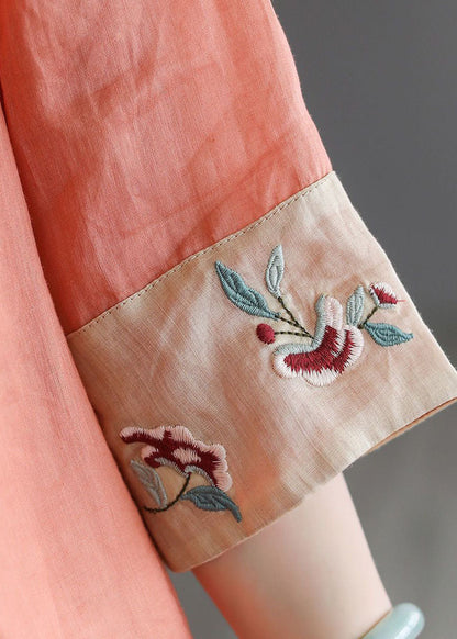 Handmade Purple Flowers Deep V Neck Patchwork Cotton Linen Shirt Bracelet Sleeve