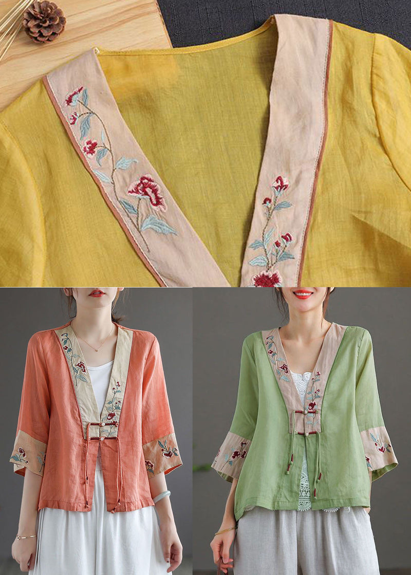 Handmade Colorful Stripes Deep V Neck Patchwork Cotton Linen Shirt Bracelet Sleeve