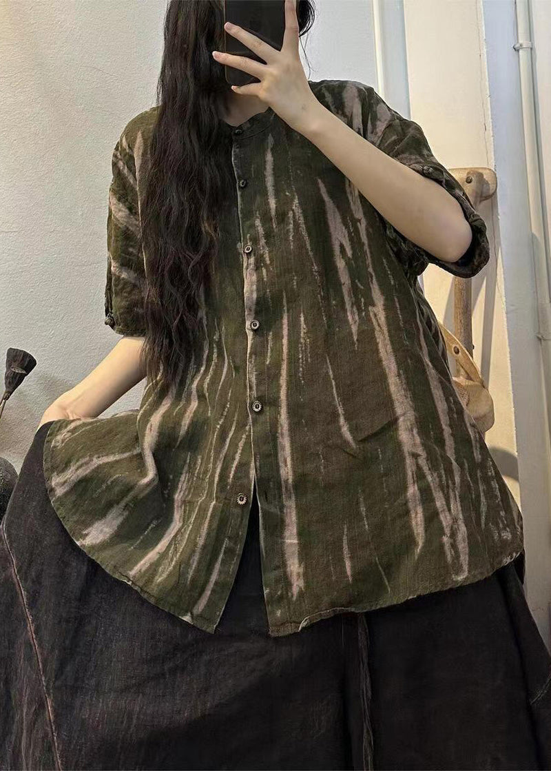 Handmade Orange O-neck Striped Linen Shirts Half Sleeve