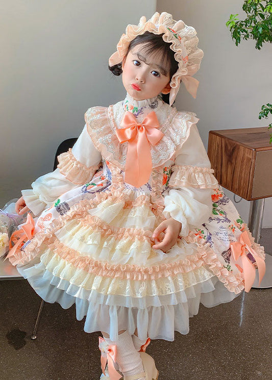Handmade Orange Stand Collar Print Lace Patchwork Long Dresses Fall
