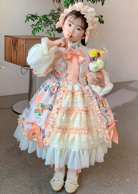Handmade Orange Stand Collar Print Lace Patchwork Long Dresses Fall