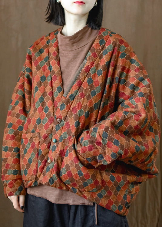 Handmade Orange V Neck Print Pockets Fine Cotton Filled Jacket Batwing Sleeve
