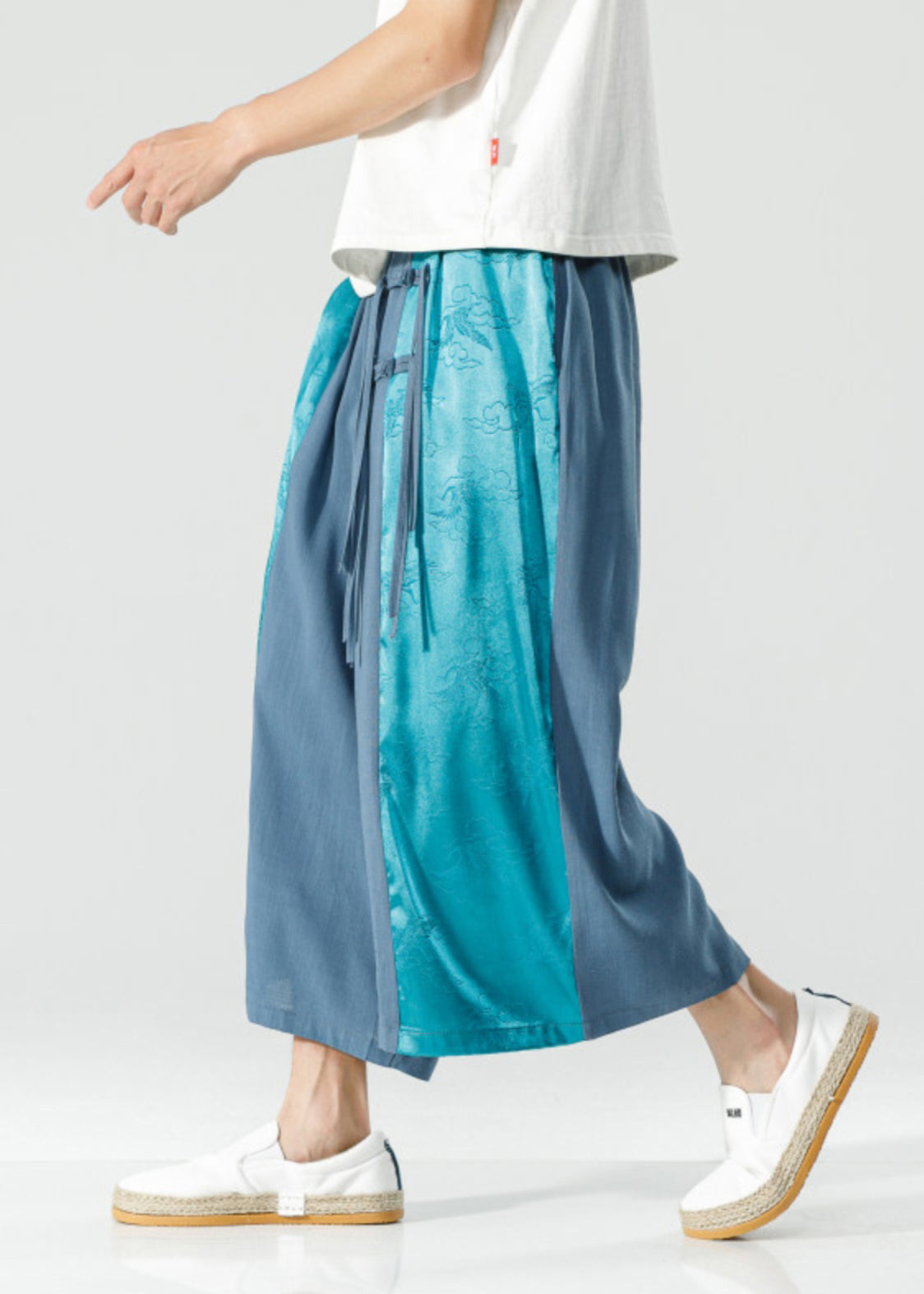 Handmade Peacock Blue Tasseled Patchwork Ice Silk Crop Pants Summer