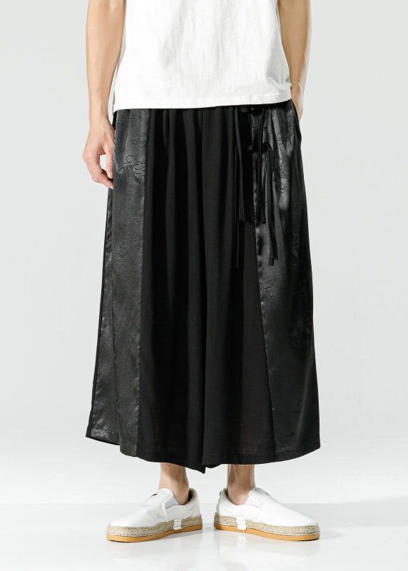 Handmade Peacock Blue Tasseled Patchwork Ice Silk Crop Pants Summer