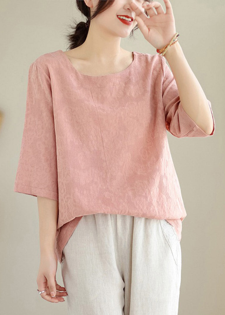 Handmade Pink O-neck Cozy Top Summer