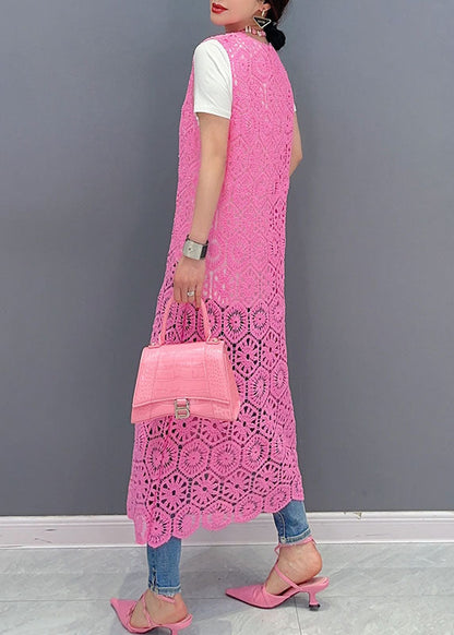 Handmade Pink O-neck Hollow Out Knit Dresses Summer