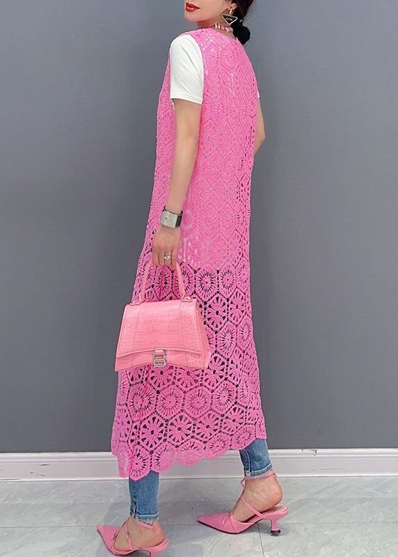 Handmade Pink O-neck Hollow Out Knit Dresses Summer