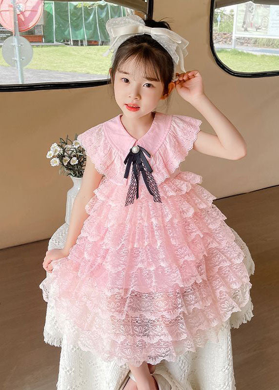 Handmade Pink Ruffled Layered Patchwork Lace Kids Dress Summer