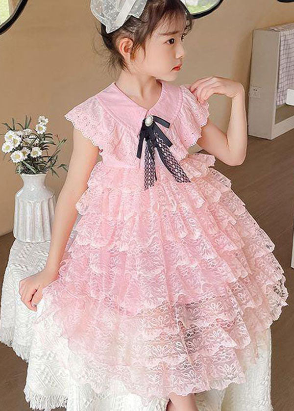 Handmade Pink Ruffled Layered Patchwork Lace Kids Dress Summer