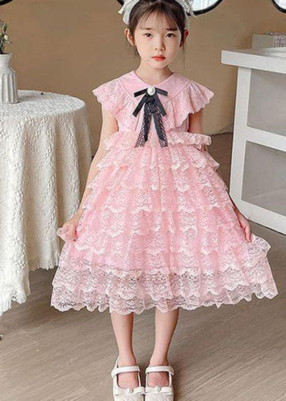 Handmade Pink Ruffled Layered Patchwork Lace Kids Dress Summer