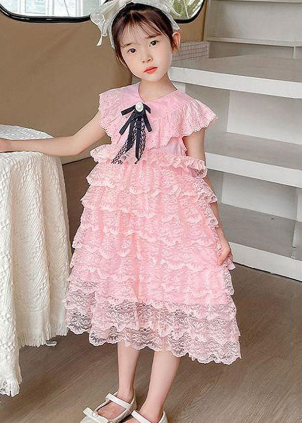 Handmade Pink Ruffled Layered Patchwork Lace Kids Dress Summer