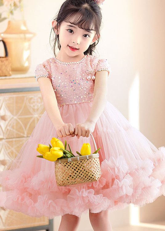 Handmade Pink Ruffled Sequins Nail Bead Patchwork Tulle Kids Dress Summer