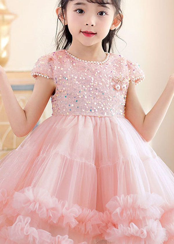 Handmade Pink Ruffled Sequins Nail Bead Patchwork Tulle Kids Dress Summer