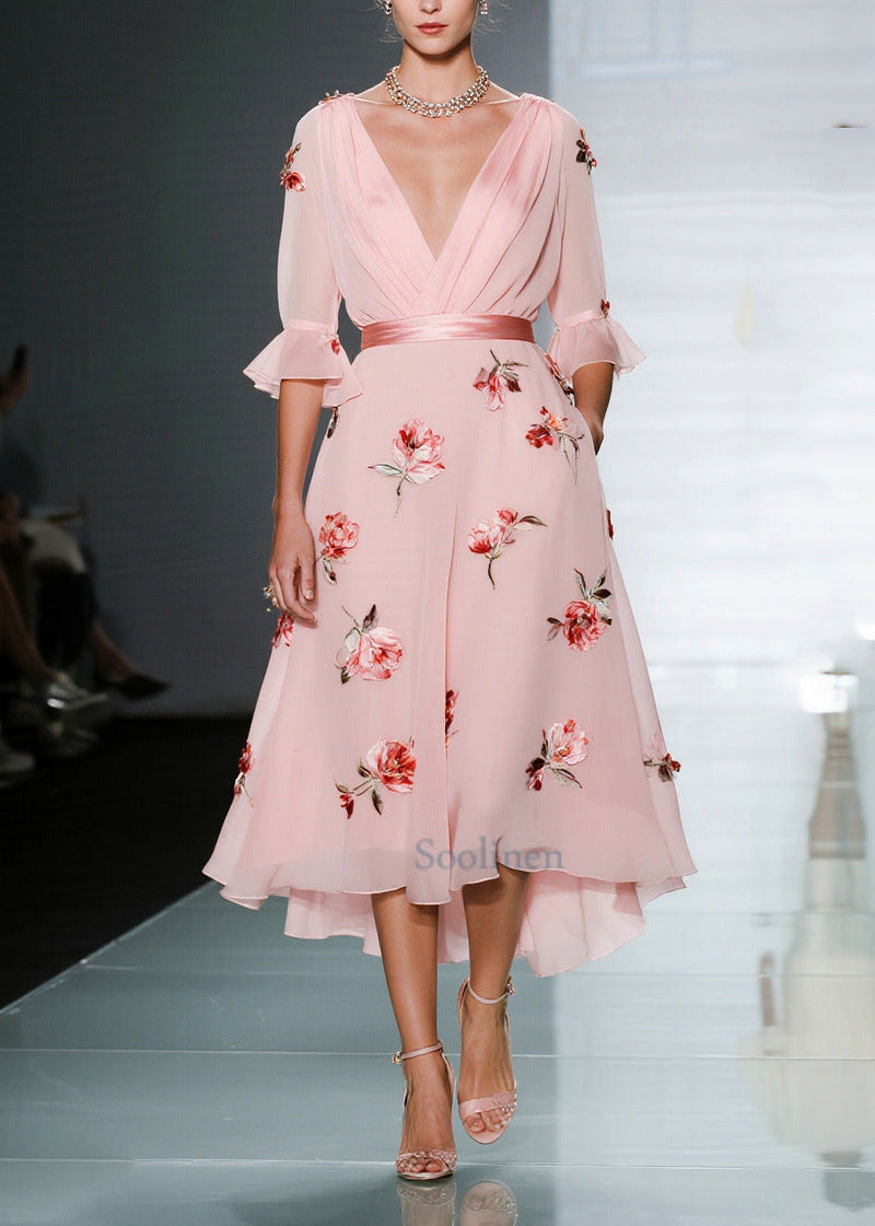 Handmade Pink V Neck Chiffon Party Dresses Flare Sleeve