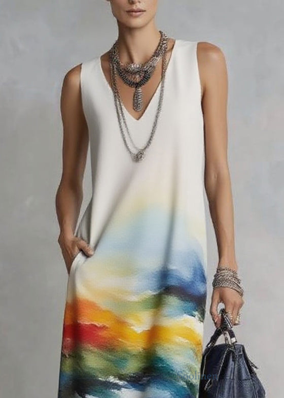 Handmade Print Mid Dresses V Neck Pockets Sleeveless