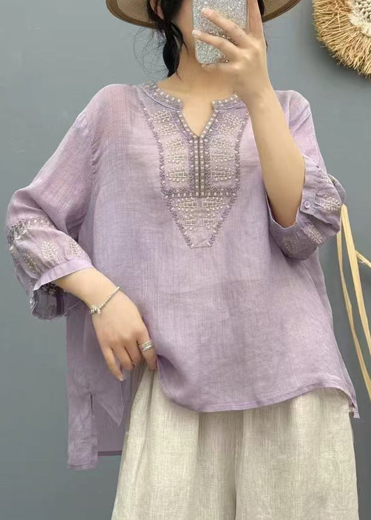 Handmade Purple Embroidered Linen Loose Shirts Bracelet Sleeve