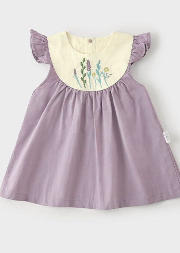 Handmade Purple Embroideried Patchwork Cotton Baby Dresses Summer