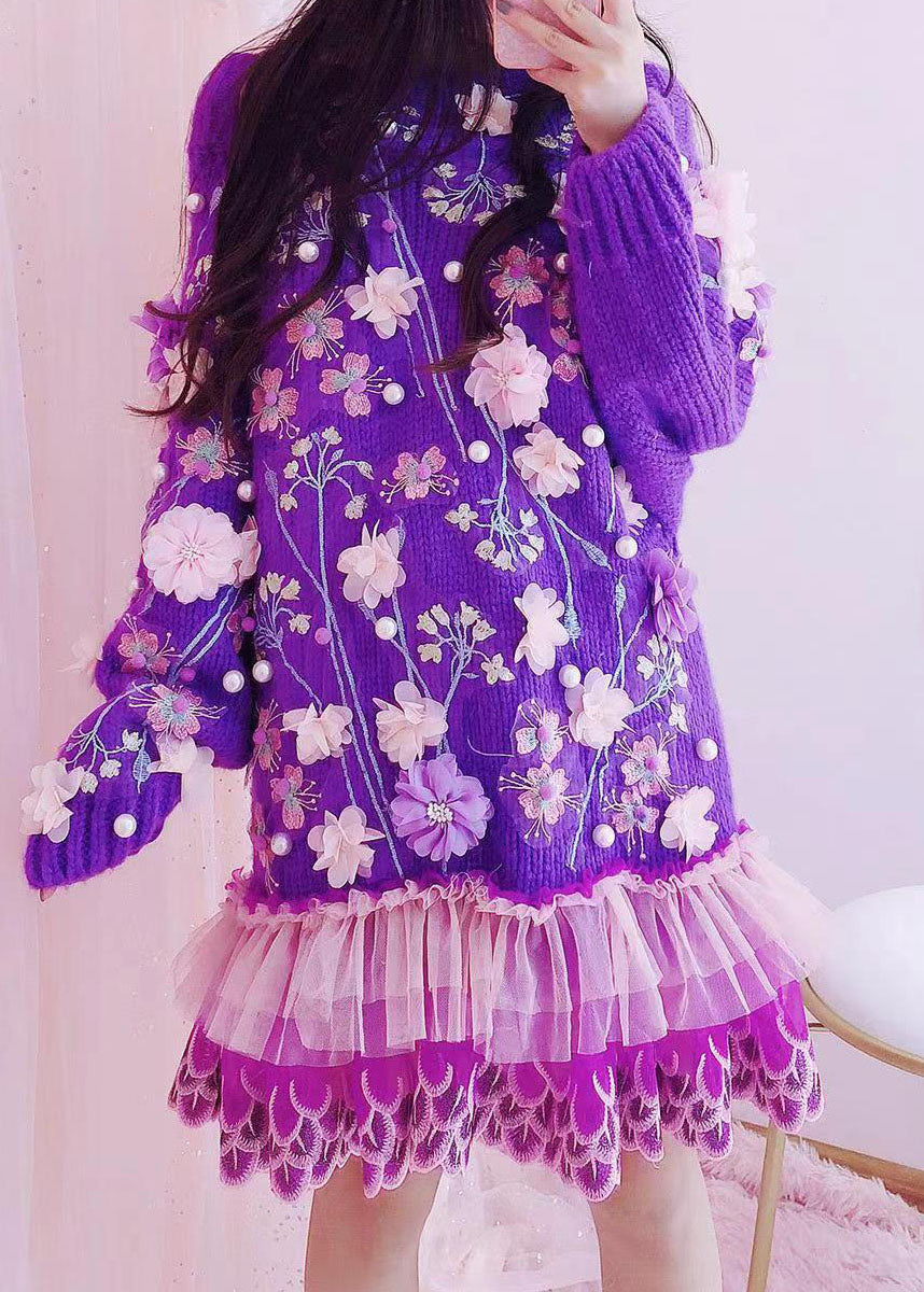 Handmade Purple O-neck Embroidered Tulle Patchwork Knit Mid Dresses Fall